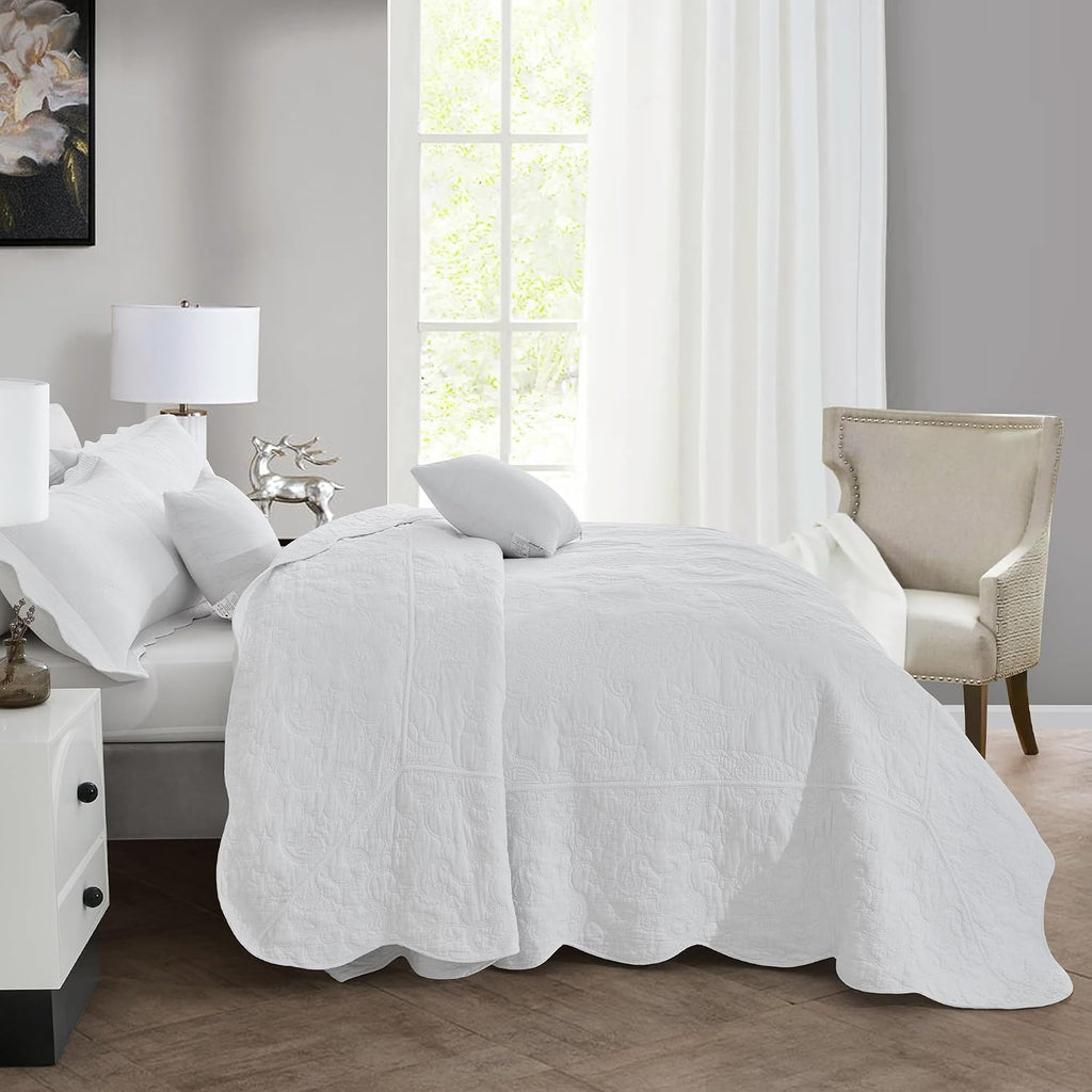 Oversized Queen Bedspread Cotton, Reversible Paisley Pattern Design, Lightweight Bedding Cover, 5 Piece Set - Queen, Pure White