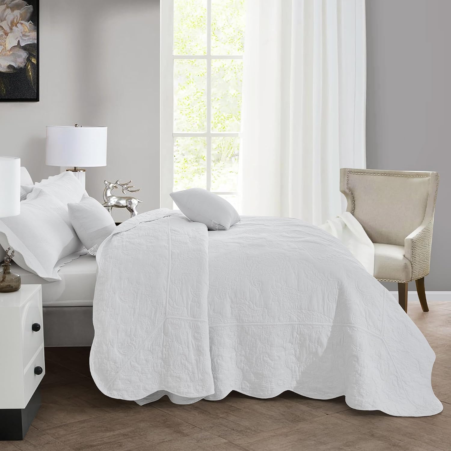 Oversized King Bedspread Cotton, Reversible Paisley Pattern Design, Lightweight Bedding Cover, 5 Piece Set, Pure White