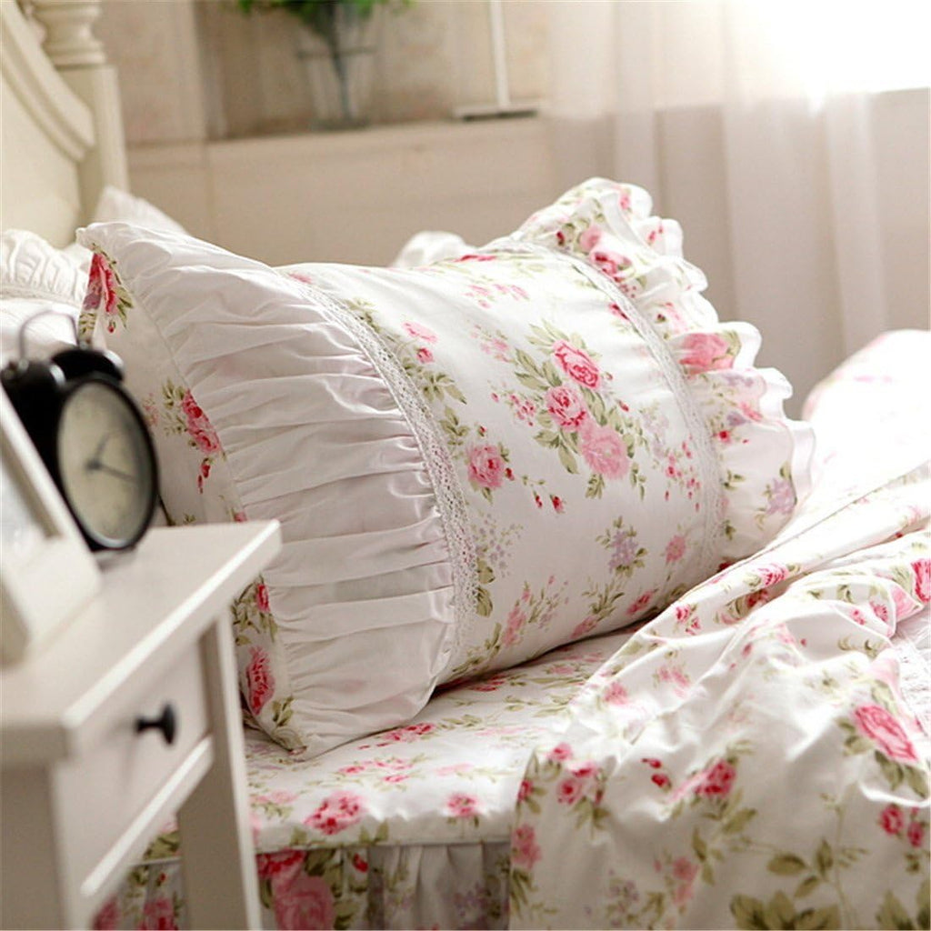 FADFAY Cotton Bedding,Shabby Rose Floral Print Bedding Set,Elegant Country Style Vintage Ruffles Duvet Cover Bed Sets with Lace King Size