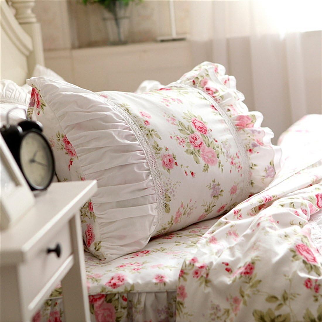 FADFAY Cotton Bedding,Shabby Rose Floral Print Bedding Set,Elegant Country Style Vintage Ruffles Duvet Cover Bed Sets with Lace King Size
