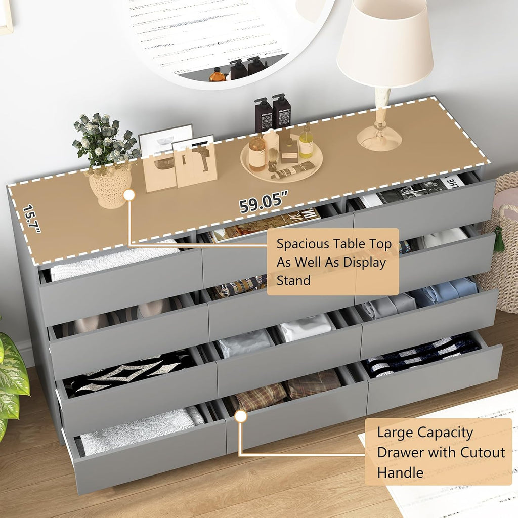 Vibe & Dine 12 Drawer Dresser, 59.1' Large Dresser for Bedroom Free Handle, Modern Wooden Chest of Drawers with Wide Storage for Living Room, Grey
