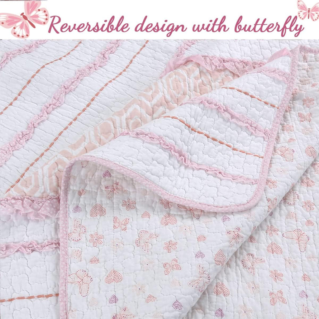 Cozy Line Home Fashions Pretty in Pink Girly Ruffle Stripped 100% Cotton Reversible Quilt Bedding Set, Coverlet, Bedspread (Pink Princess, Twin - 4 Piece: 1 Quilt + 1 Sham + 2 Decor Pillows)