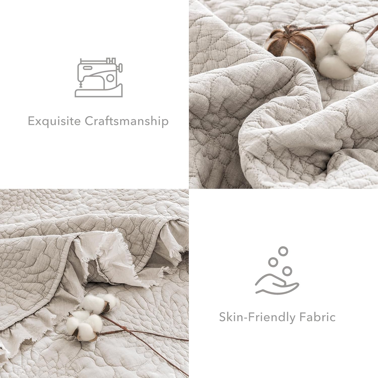 QSH Light Wheat Oversized King Quilt Bedspread Set(120'x120'),3PCs Stonewashed Cotton Ruffled Quilt California King,Ultra Soft Lightweight Crinkled Shabby Farmhouse Chic Bedspread Coverlet Bedding Set