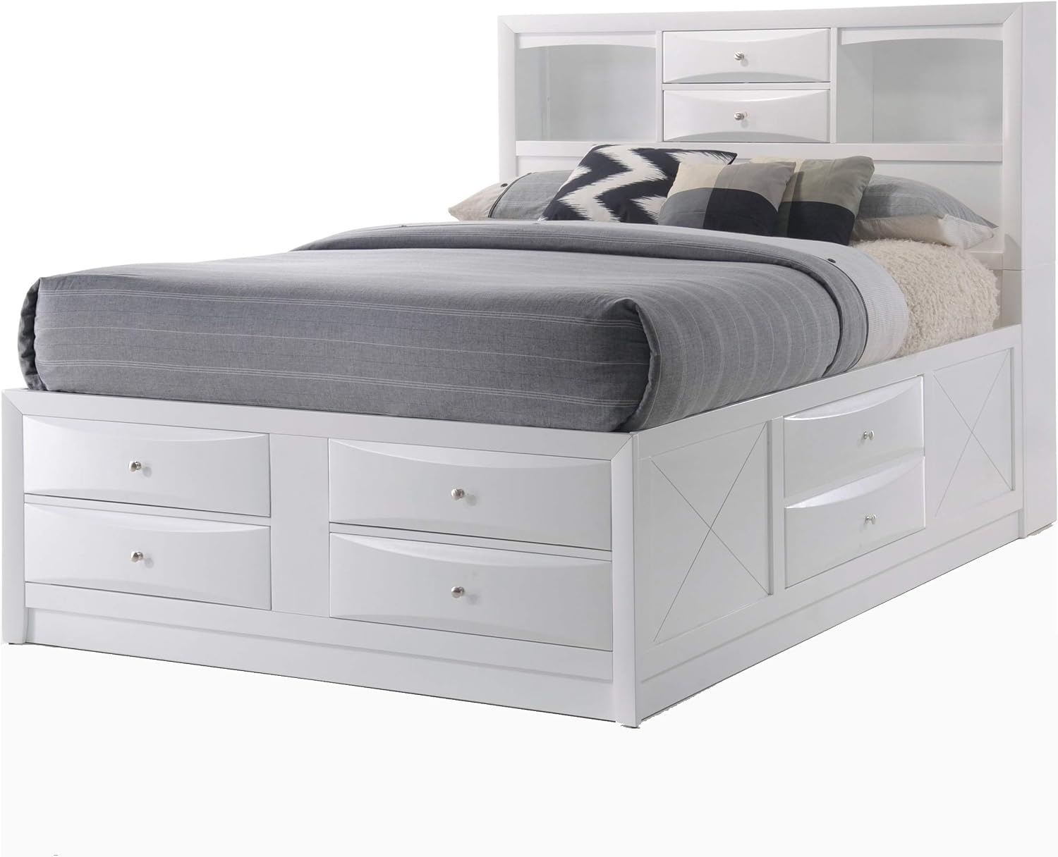 Queen Bed with Storage, Solid Wood Queen Size Bed Frame with Headboard (2 Bookcase, 2 Drawers), Footboard (4 Drawers), Rail with 2 Drawers, Wooden Slat, No Box Spring Needed, White