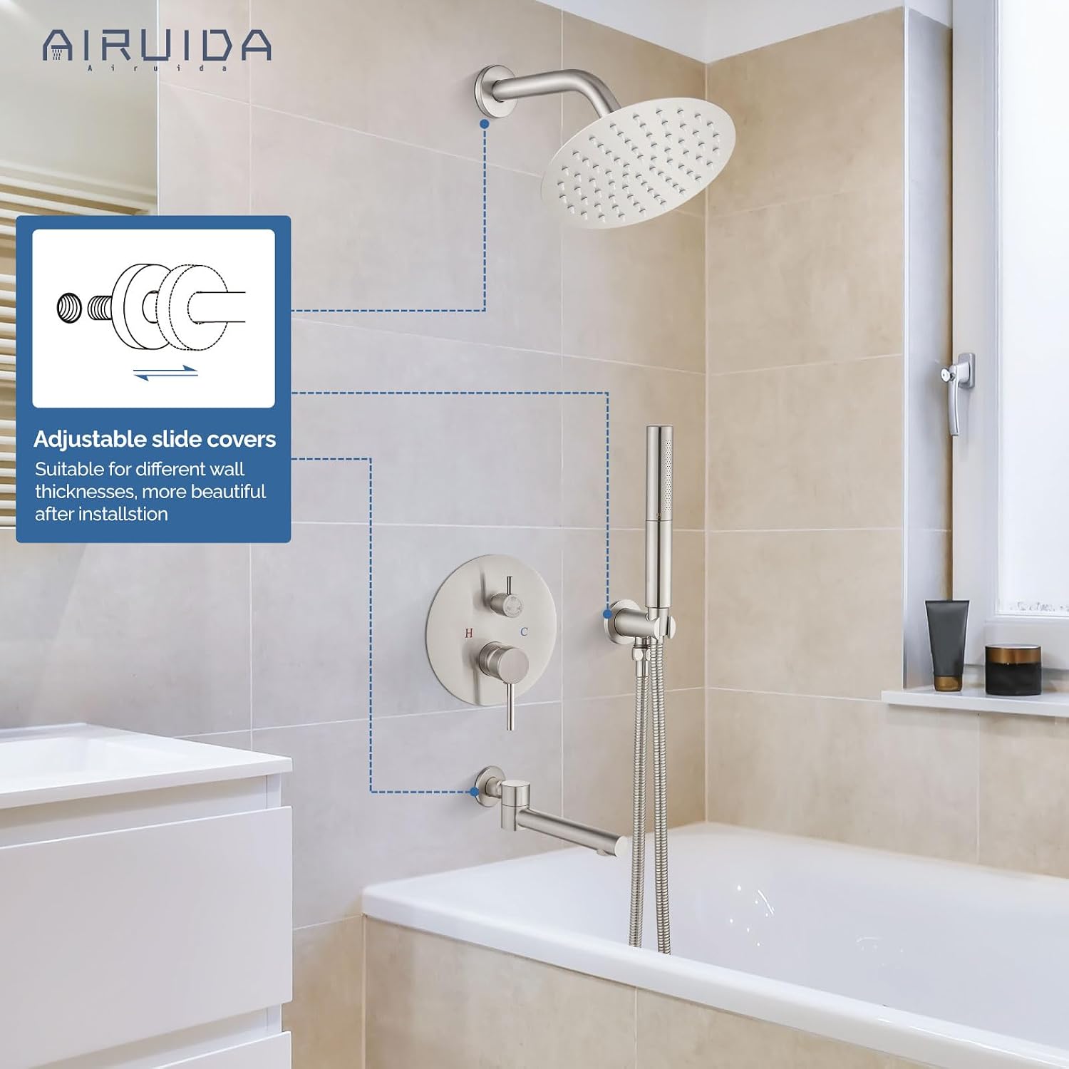 Airuida 3-Function Shower System with Tub Spout – Round Rainfall Shower Faucet Combo,Handheld Spray with 2 Functions,Includes Rough-In Valve with 360° Rotating Drain,8 Inch Shower Head,Brushed Nickel