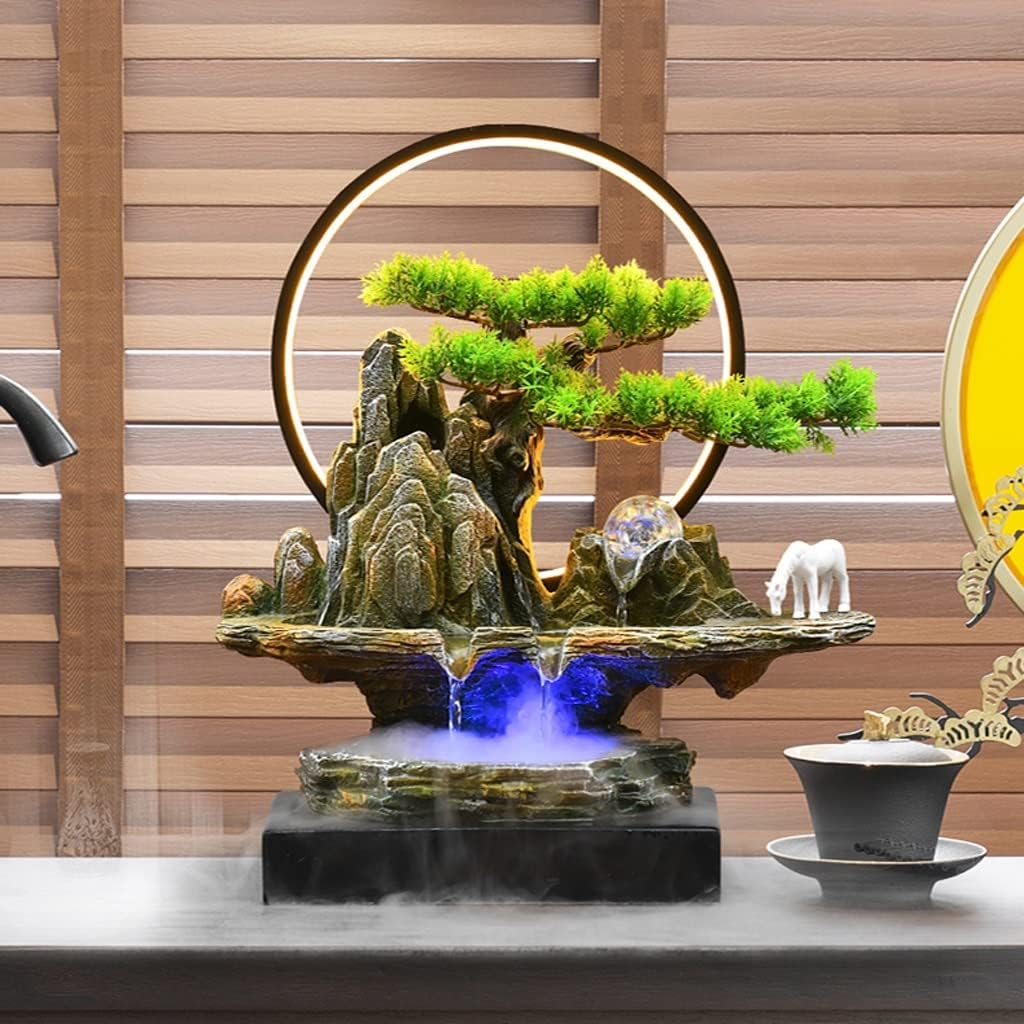 HIHELO Desktop Fountain Tabletop Fountain Resin Rockery Desktop Fountain with LED Light Living Room Decorative Waterscape Ornament Water Fountain Outdoor (Color : Without Nebulizer)