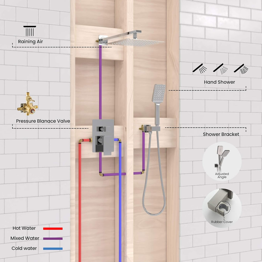 KIBI Cube Chrome Finish Shower System – Rainfall & Handheld Shower Head Set | 2‑Function Wall-Mounted Faucet Set with Solid Brass Pressure Balanced Valve, 15' Shower Arm & Hose (KSF405CH)