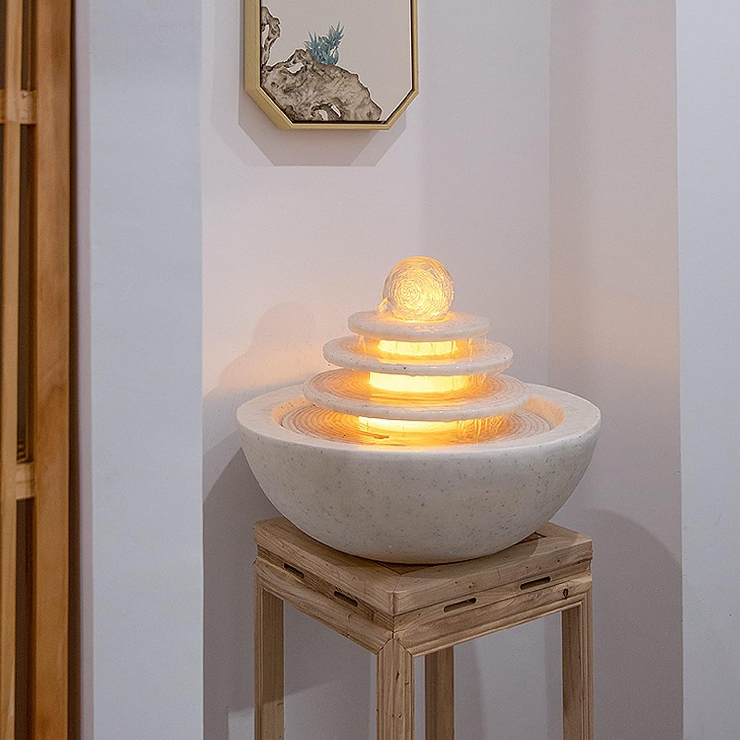 HIHELO Desktop Fountain Indoor Tabletop Fountain Waterfall Home Decor Relaxation Fountain 3 Tier Disc and Round Basin with LED Light Roller Ball Water Fountain Outdoor (Color : B)