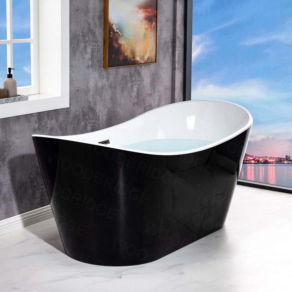 WOODBRIDGE 67' Acrylic Freestanding Bathtub Contemporary Soaking Tub with Matte Black Overflow and Drain,Black,B1815 MB