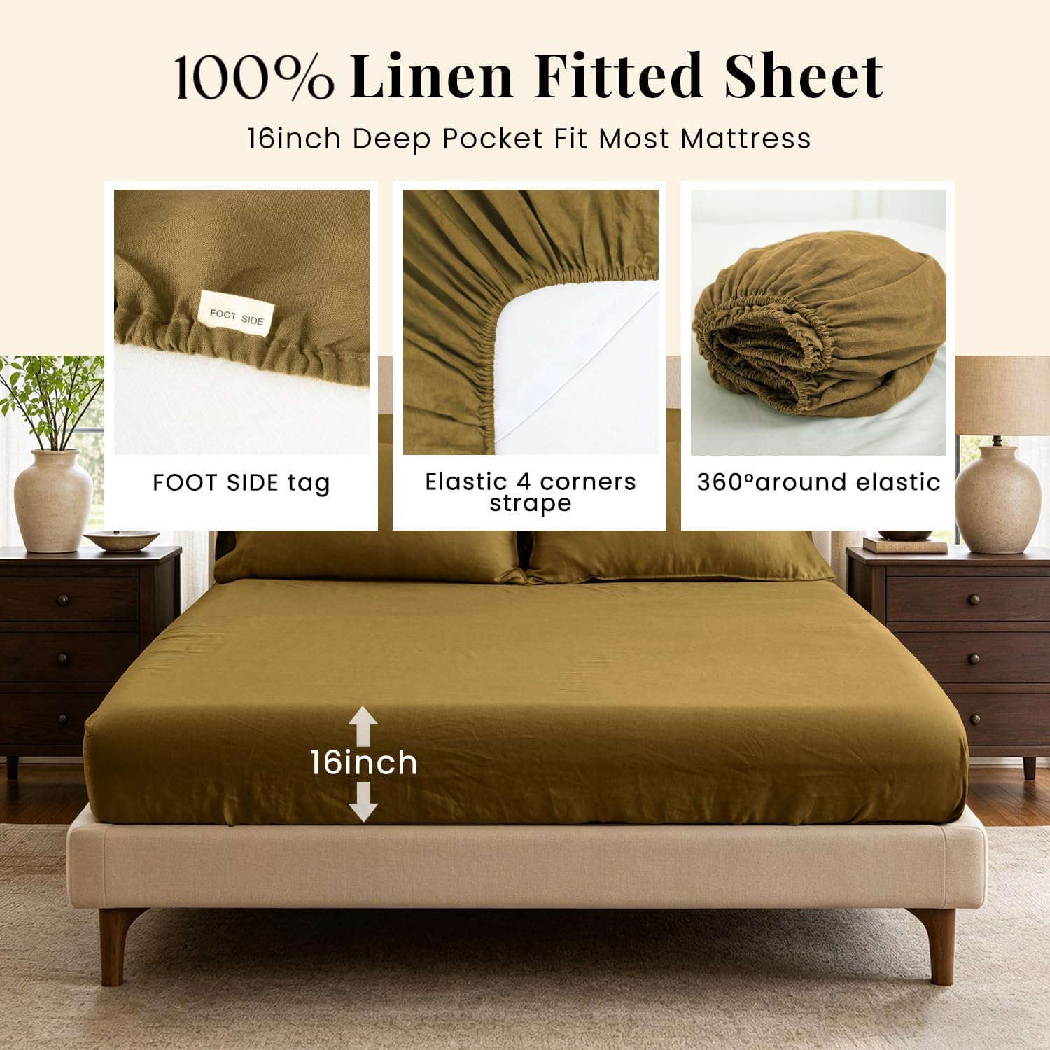 S VICTORY SYMBOL 100% French Linen Sheets Set-Queen Size,Stone Washed Natural Flax 4Pcs(2 Pillowcases,1 Fitted Sheet,1 Flat Sheet) Ultra Soft Breathable Bedding Set,Ecru Olive
