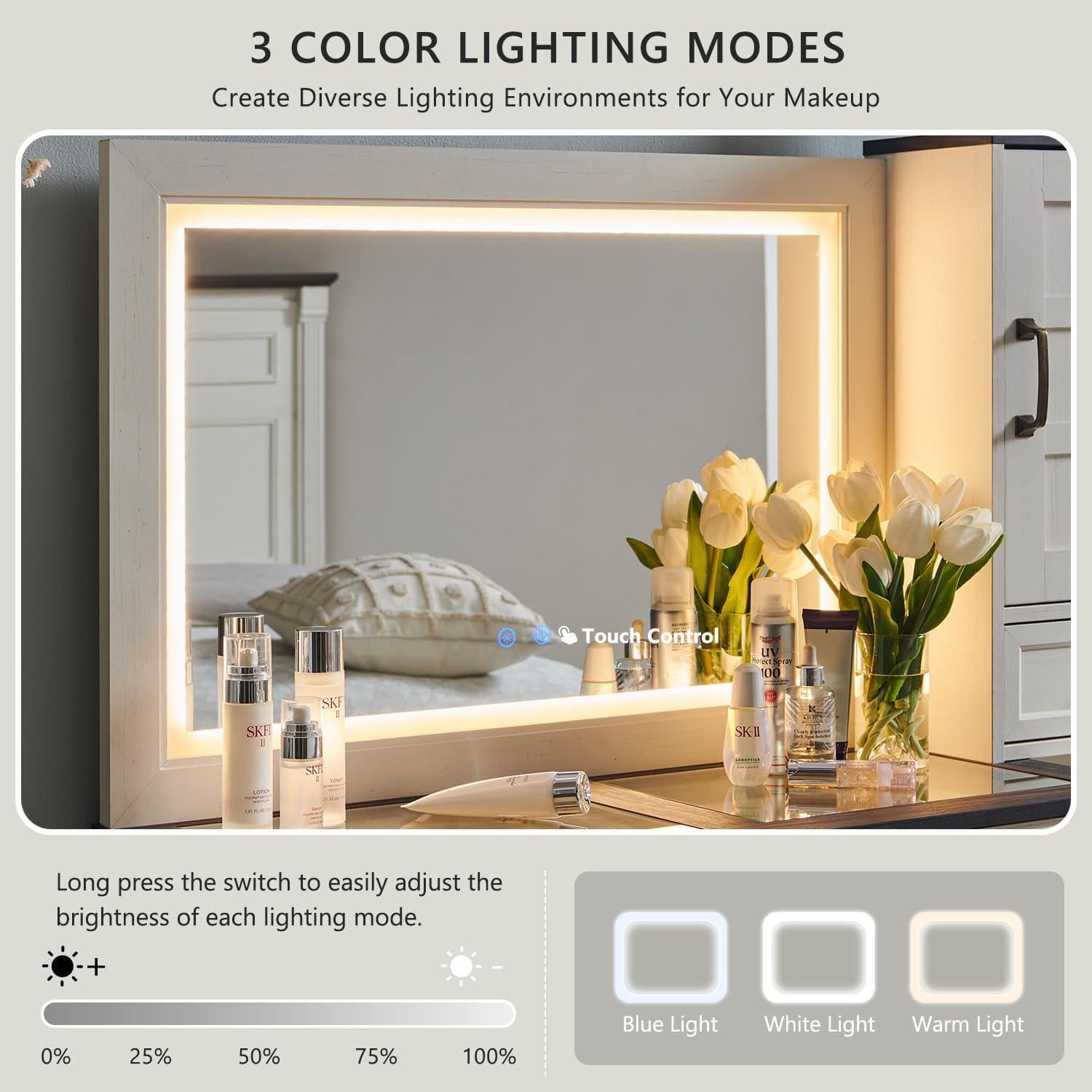 Aitjunz Farmhouse Vanity Desk with Touch Screen LED Mirror, 47' Big Make Up Table with 6 Drawers, Glass Top, Charging Station, Rustic Wood Dressing Table w/3 Color Available, Antique White