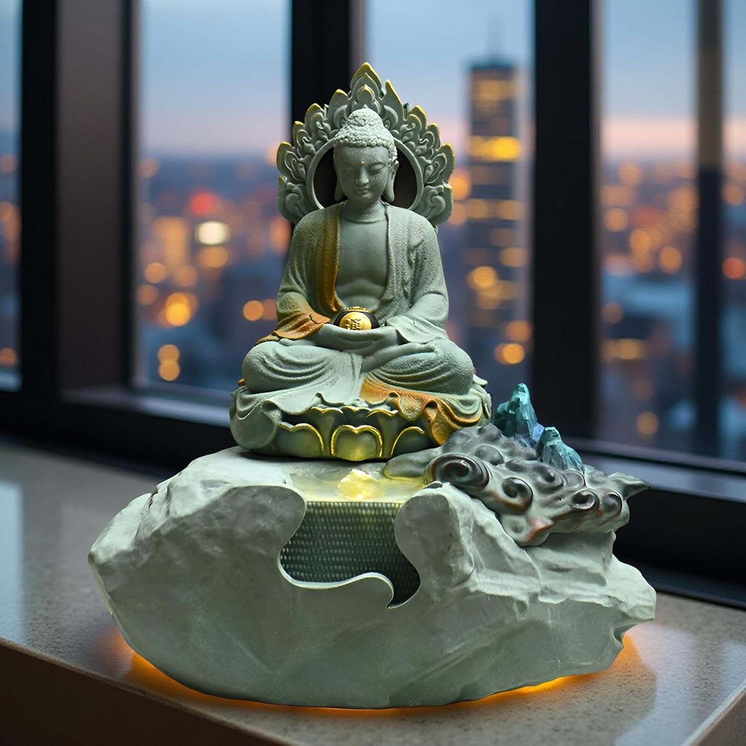 Zen Buddha Tabletop Fountain with LED Lights & Crystal Accents – Indoor Meditation Waterfall Feature with Cascading Water for Home, Office, Living Room or Bedroom – Free 10 Free Crystals (Style 6)