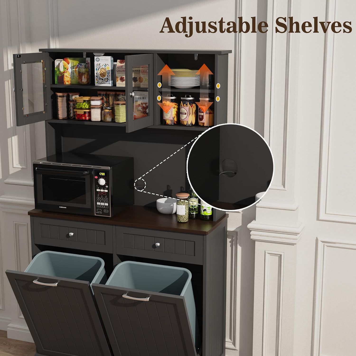 Double Tilt Out Trash Cabinet Storage Cabinet 20 Gallon with Two Solid Wood Hideaway Trash Holder Drawers, Dual Wooden Free Standing Recycling Cabinets Trash Can Bin Kitchen (Black)