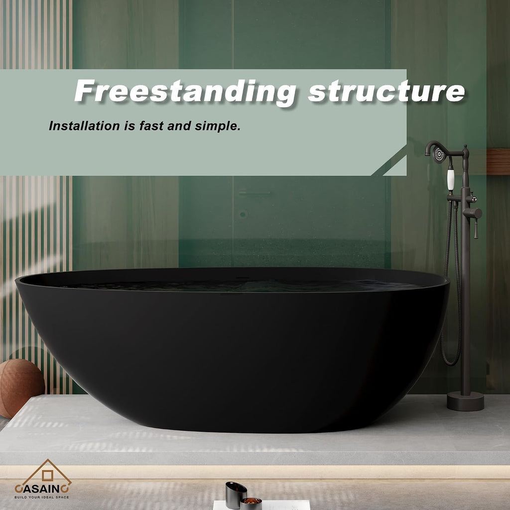 CASAINC 67' Freestanding Bathtub Egg-Shaped Stone Resin Freestanding Tub Solid Surface Matte Black Stand-Alone Tub with Drain, Drain Hose & Sanding Paper
