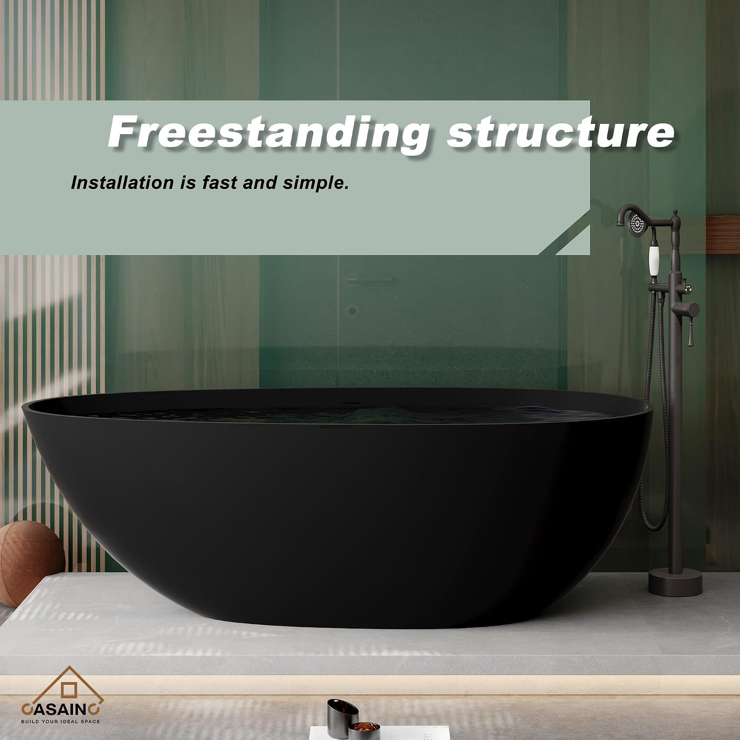 CASAINC 67' Freestanding Bathtub Egg-Shaped Stone Resin Freestanding Tub Solid Surface Matte Black Stand-Alone Tub with Drain, Drain Hose & Sanding Paper