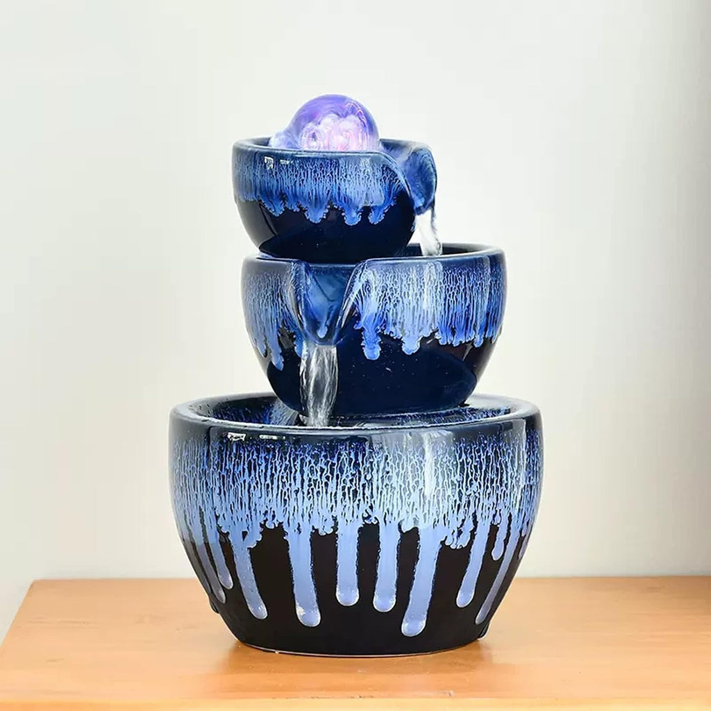 Indoor Fountain Tabletop Water Fountain with 3-Layer Ceramic Bowl Indoor Relaxation Water Fountains Feng Shui Waterfall Fountain with Rolling Ball for Office Living Room Decor