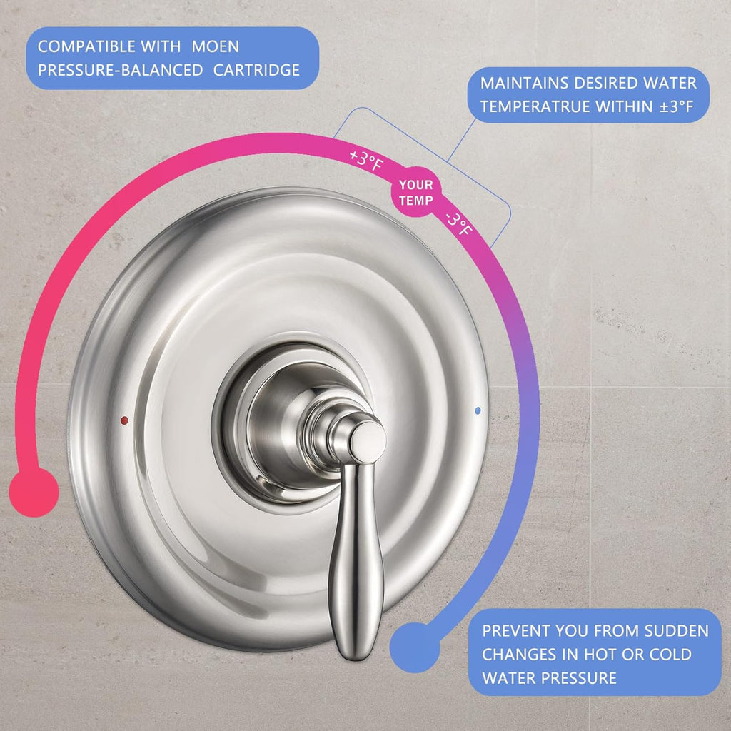 Tearel Replacement for Moen Posi Temp Shower Valve and Trim Kit, Complete Set for Tub and Shower Faucet, Includes Valve Body, Handle, Escutcheon Plate, Tub Spout, Brushed Nickel