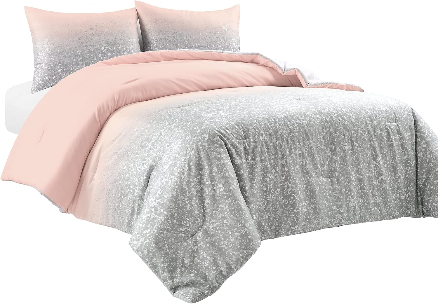 Lush Decor Glitter Ombre Metallic Print 5 Piece Comforter Set, Full/Queen, Blush & Gray
