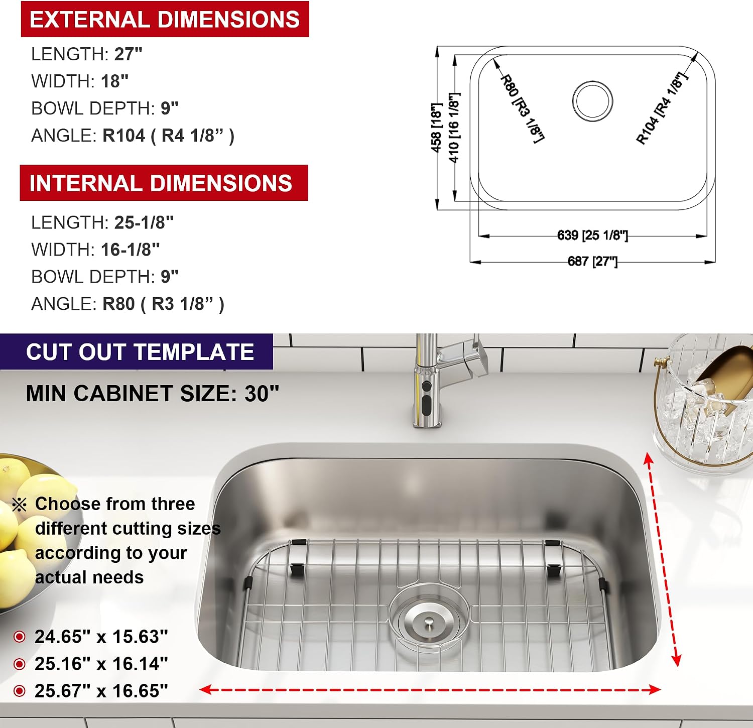 27 Inch Undermount Kitchen Sink 18 Gauge Stainless Steel Single Bowl Curved Shape Round Corner Arc Design Sinks with Basket Strainer and Bottom Grid 27' x 18' x 9'