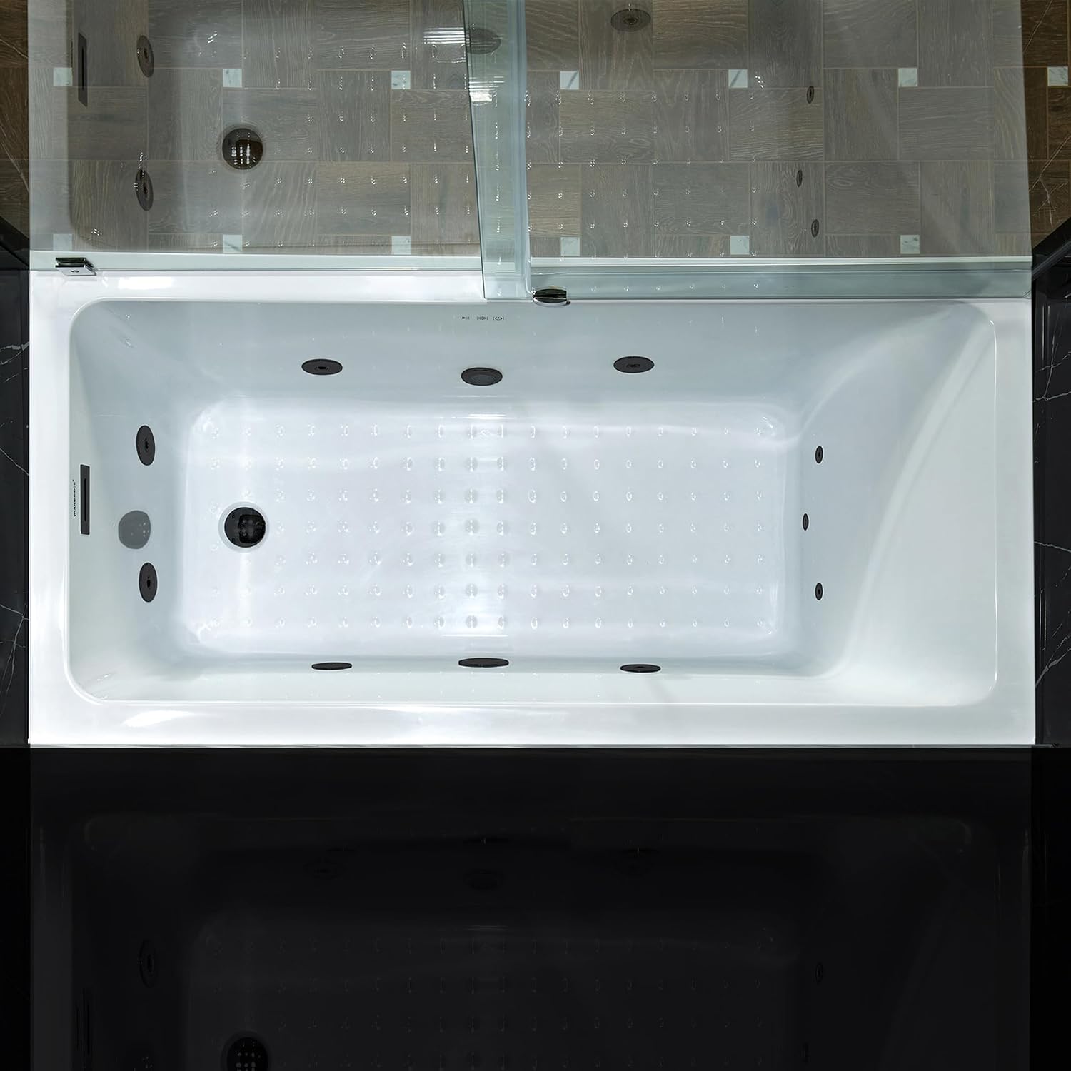 WOODBRIDGE 60' x 30' Alcove Acrylic Rectangular Whirlpool Heated Jetted Tub in White with right Drain, Matte Black Finish, BS666-R-MB02