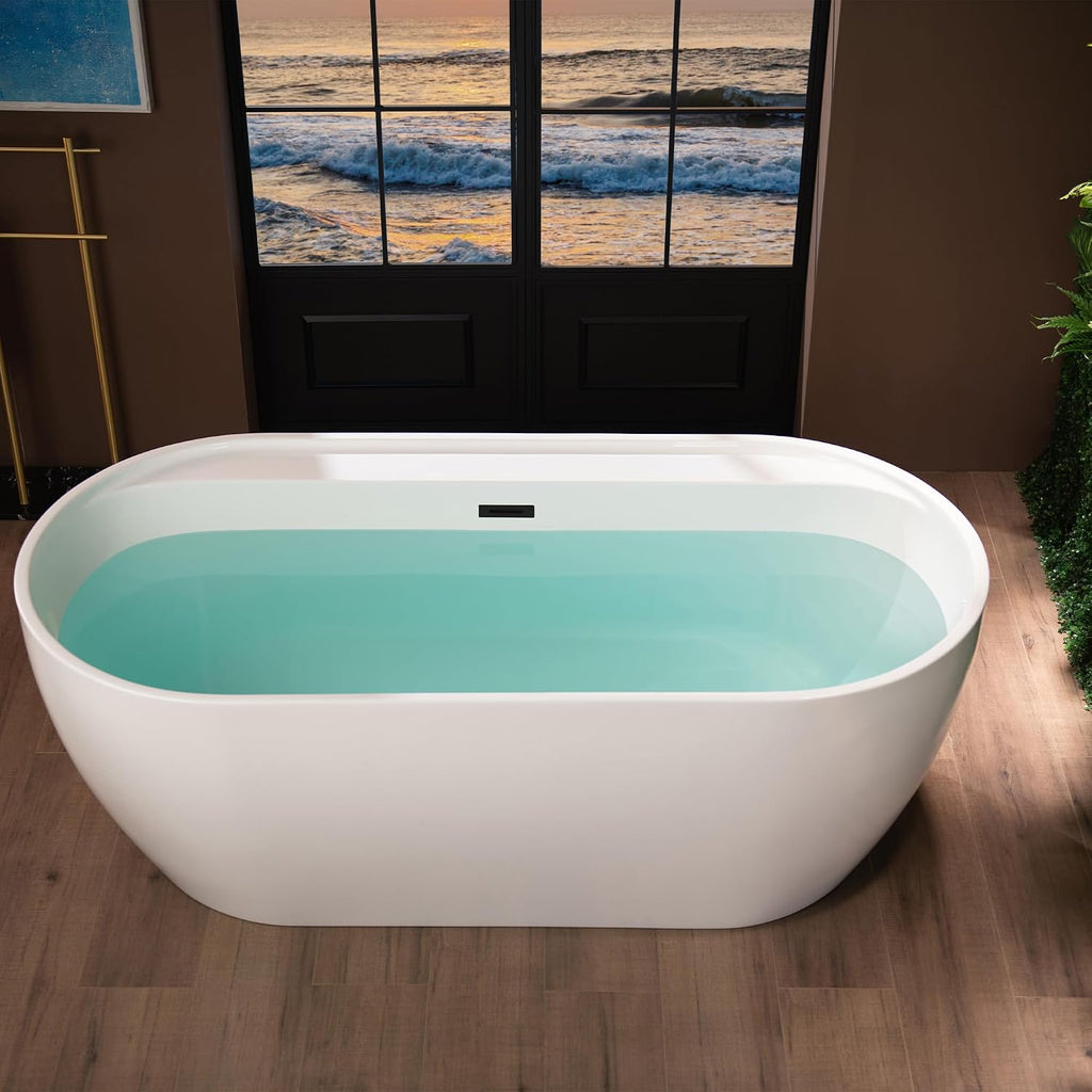 WOODBRIDGE 67' Acrylic Freestanding Bathtub Contemporary Soaking White Tub with Matte Black Overflow and Drain,B0063-MB