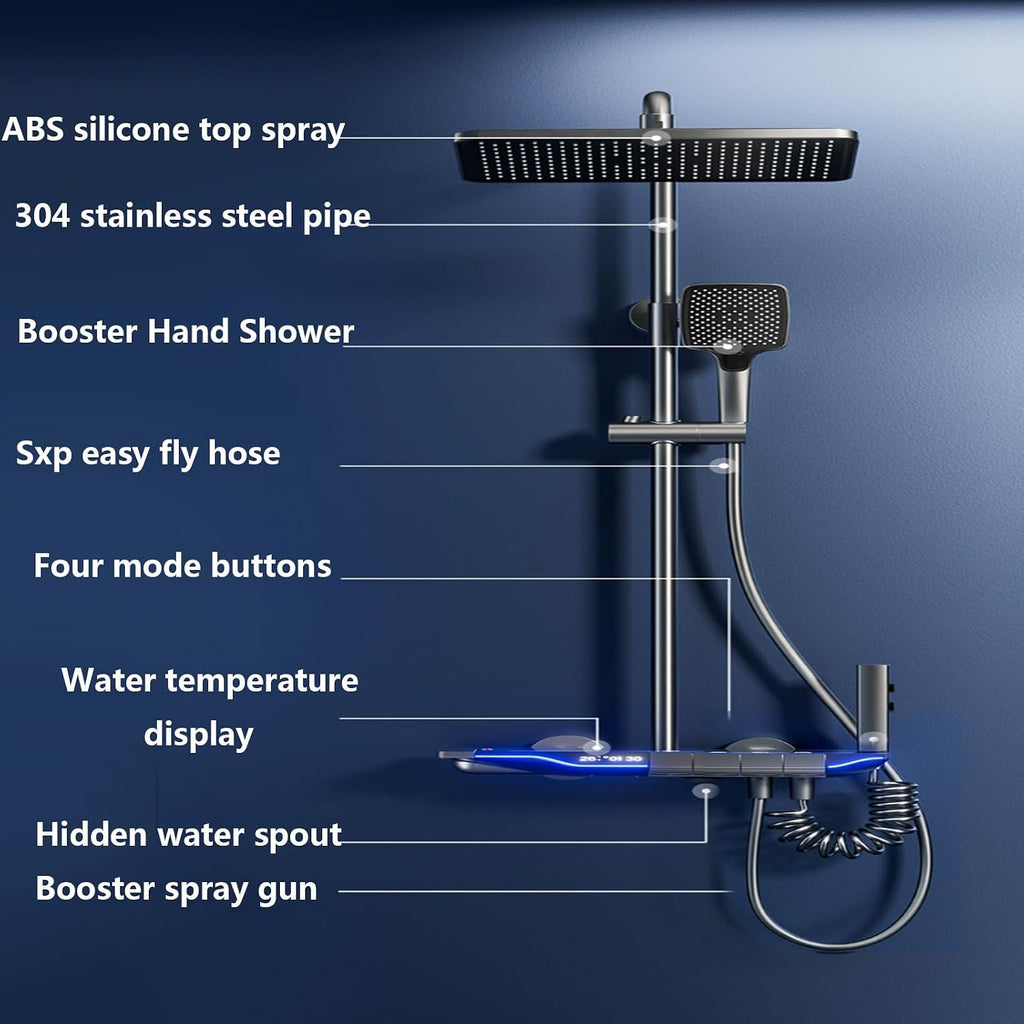 Shower set with smart constant temperature, shower set with LED digital display, shower set with hidden drain, with air booster, piano keys, four-speed square spray, suitable for bathrooms ( Color : W