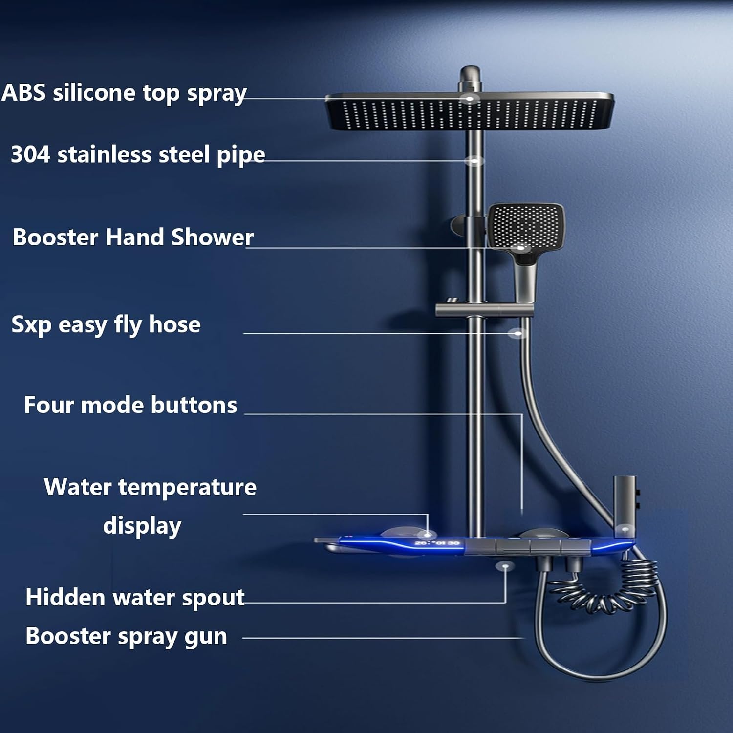 Shower set with smart constant temperature, shower set with LED digital display, shower set with hidden drain, with air booster, piano keys, four-speed square spray, suitable for bathrooms ( Color : W