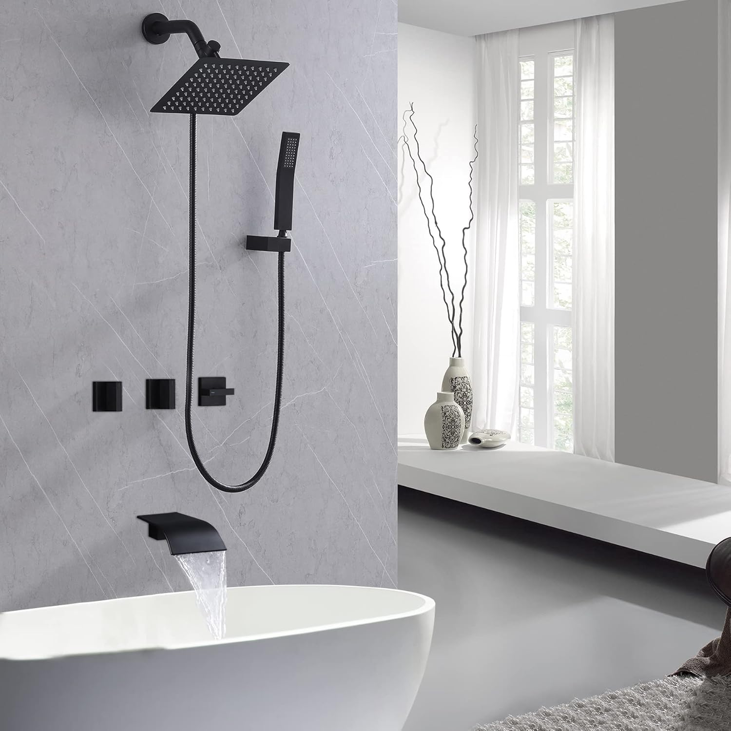3 Handles Tub Shower Faucet,Bathtub Shower Faucet Set with Tub Spout,Dual 2 in 1 Shower System Complete Tub and Shower Trim Kit,Matte Black