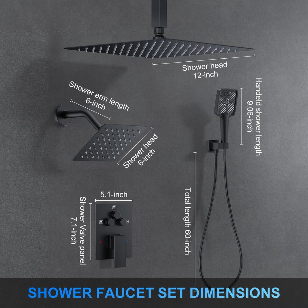 Shower Faucet Set, 12' Ceiling Mount Rainfall Shower System with 12'' Top Head+6'' Side Head and Multi-function Handheld Head Push Button Diverter Shower Faucet Trim Kit (12', Matte Black)
