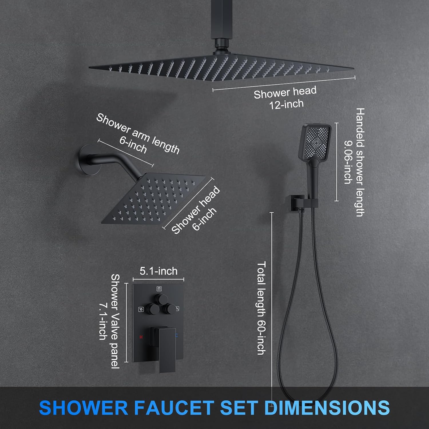 Shower Faucet Set, 12' Ceiling Mount Rainfall Shower System with 12'' Top Head+6'' Side Head and Multi-function Handheld Head Push Button Diverter Shower Faucet Trim Kit (12', Matte Black)