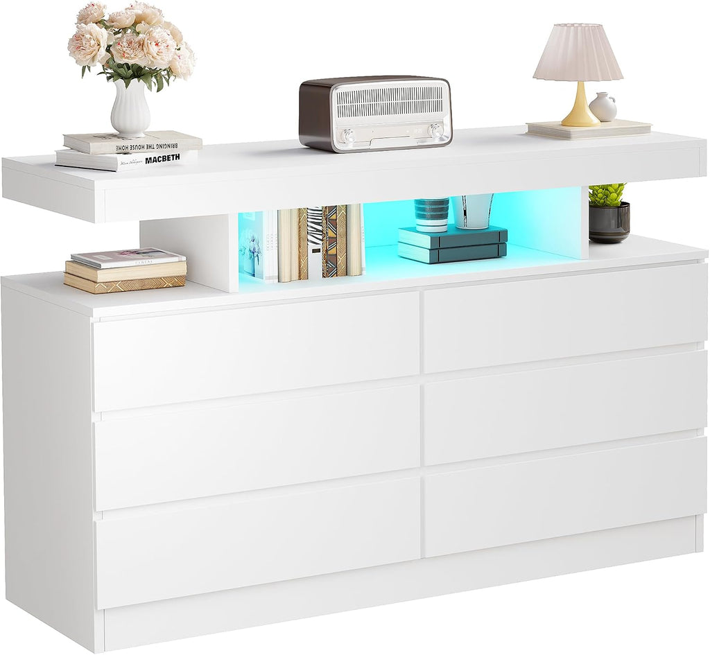 BEWISHOME White Dresser for Bedroom with Charging Station and LED Lights, Wood 6 Drawer Dresser TV Stand with Open Space, Modern Wide Dressers Chest of Drawers for Closet, Living Room, White KCG02W