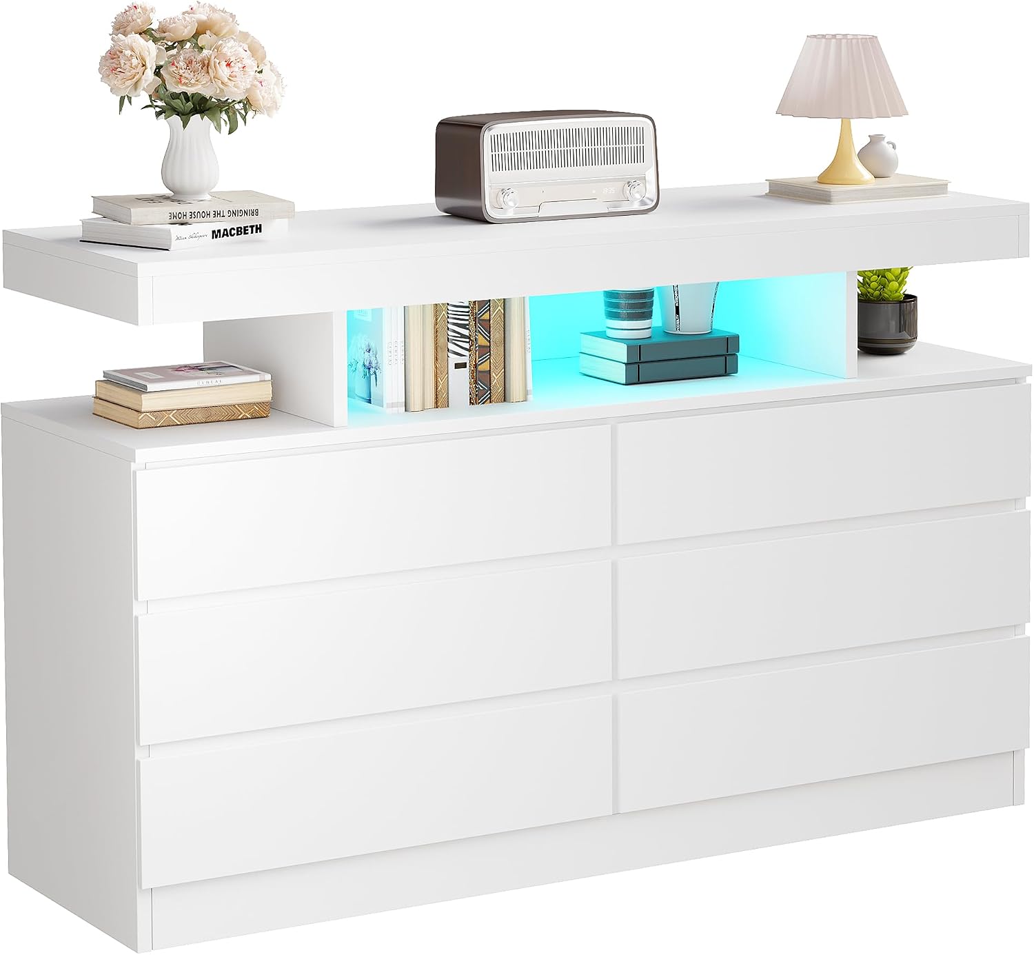 BEWISHOME White Dresser for Bedroom with Charging Station and LED Lights, Wood 6 Drawer Dresser TV Stand with Open Space, Modern Wide Dressers Chest of Drawers for Closet, Living Room, White KCG02W