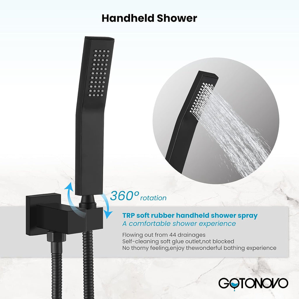gotonovo Rainfall Tub Shower Faucet Set Bathroom Shower System with Tub Spout Wall Mount Square High Pressure Shower Fixtures with Handheld Sprayer Rough-In Valve 10'' Shower Head,Matte Black