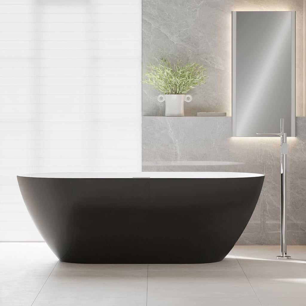 Freestanding Bathtub 59 inch Black and White Acrylic Tub, Compact Soaking Bath for Bathroom Upgrade and Comfortable Home Relaxation