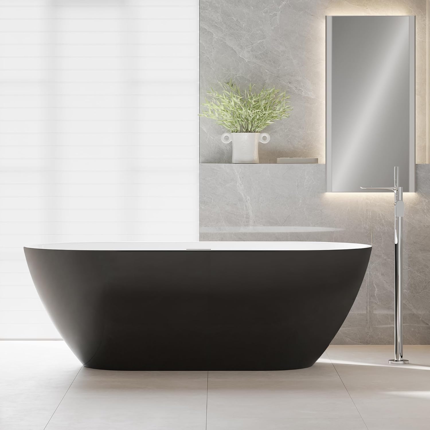 Freestanding Bathtub 59 inch Black and White Acrylic Tub, Compact Soaking Bath for Bathroom Upgrade and Comfortable Home Relaxation