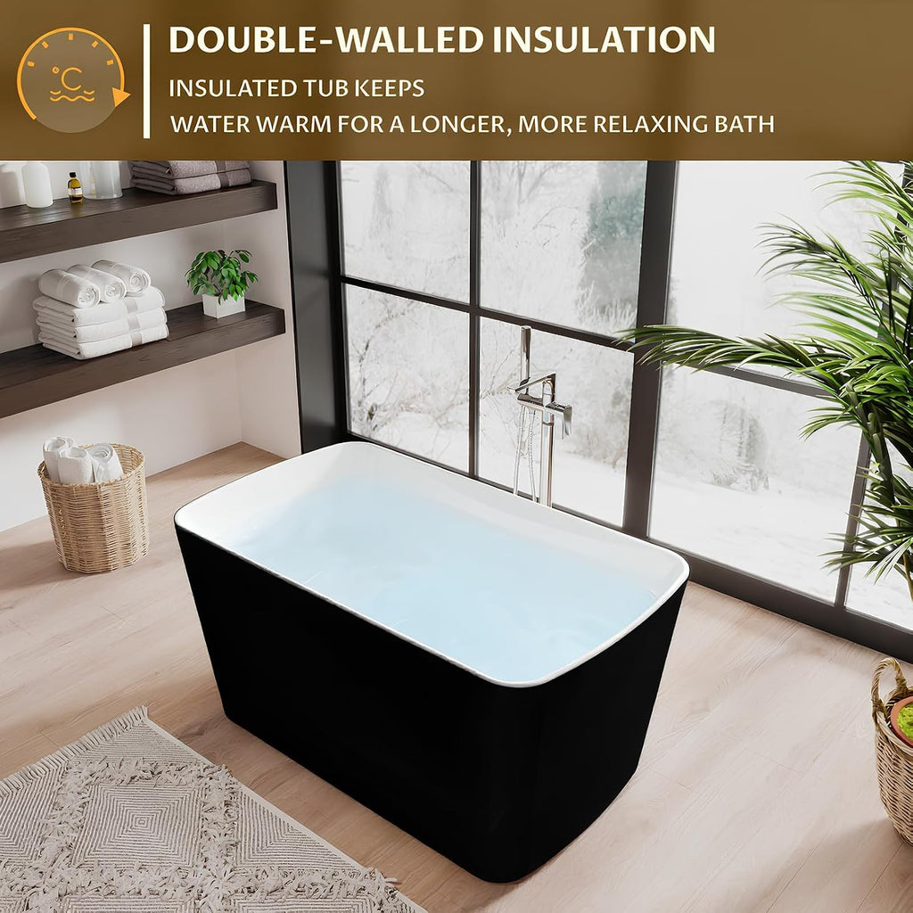 49 Inch Freestanding Bathtub Acrylic Deep Soaking Tub with Chrome Overflow & Drain, Compact Sit-In Design for Small Bathroom Renovation, Easy Install Modern (Black & Gloss White Finish)
