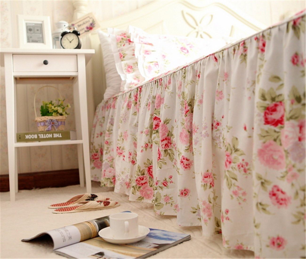 FADFAY Cotton Bedding,Shabby Rose Floral Print Bedding Set,Elegant Country Style Vintage Ruffles Duvet Cover Bed Sets with Lace King Size