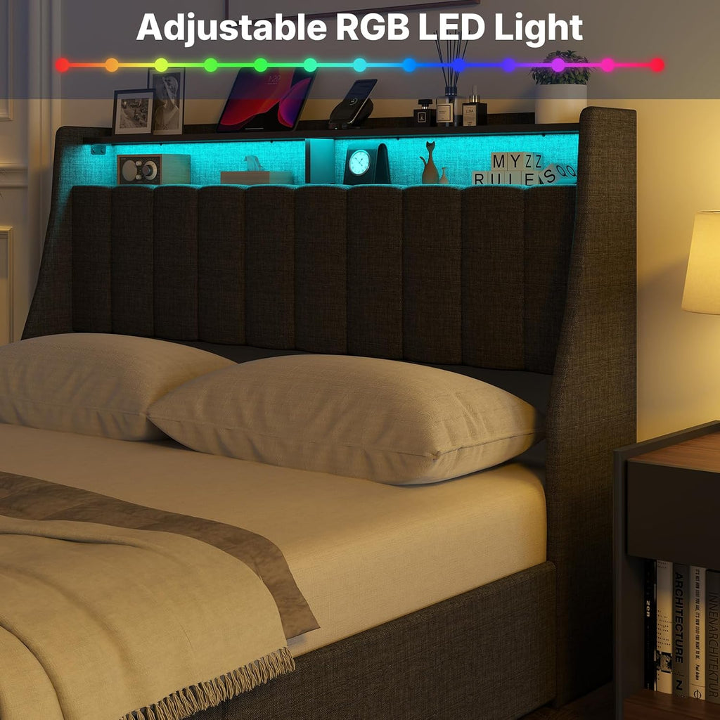 Zevemomo Queen Bed Frame with 4 Storage Drawers, Upholstered Queen Size Bed Frames with Headboard, Queen Size Bed Frame with LED Lights, Dark Grey