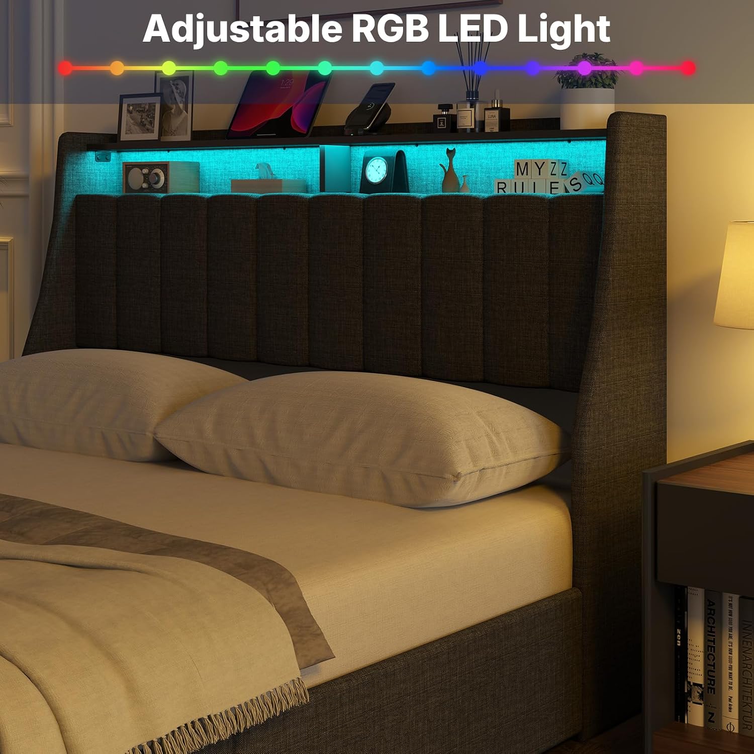 Zevemomo Queen Bed Frame with 4 Storage Drawers, Upholstered Queen Size Bed Frames with Headboard, Queen Size Bed Frame with LED Lights, Dark Grey