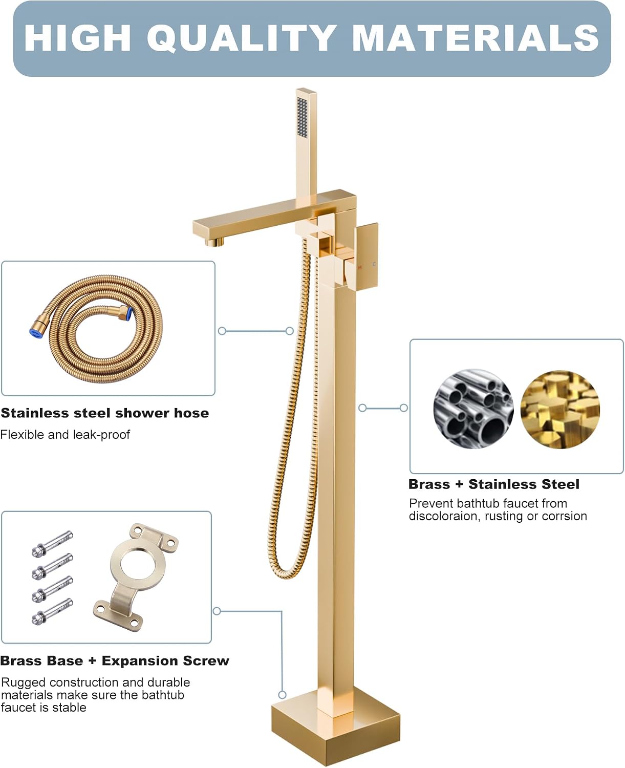 Free Standing Tub Faucet Brushed Gold,Freestanding Bathtub Faucet For Luxury Bathtub,High Flow Tub Filler,Swivel Spout Brass Construction with Handheld Shower
