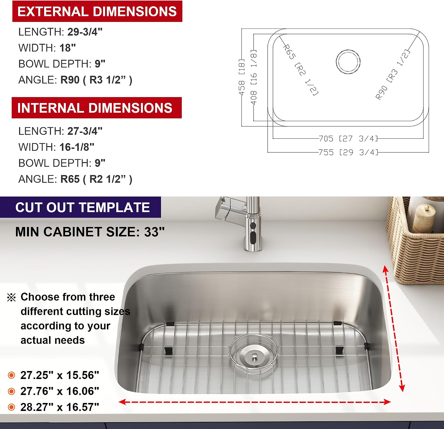 30 Inch Undermount Kitchen Sink 18 Gauge Stainless Steel Spacious Single Bowl Curved Shape Round Corner Deep Sinks with Basket Strainer and Bottom Grid 30' x 18' x 9'