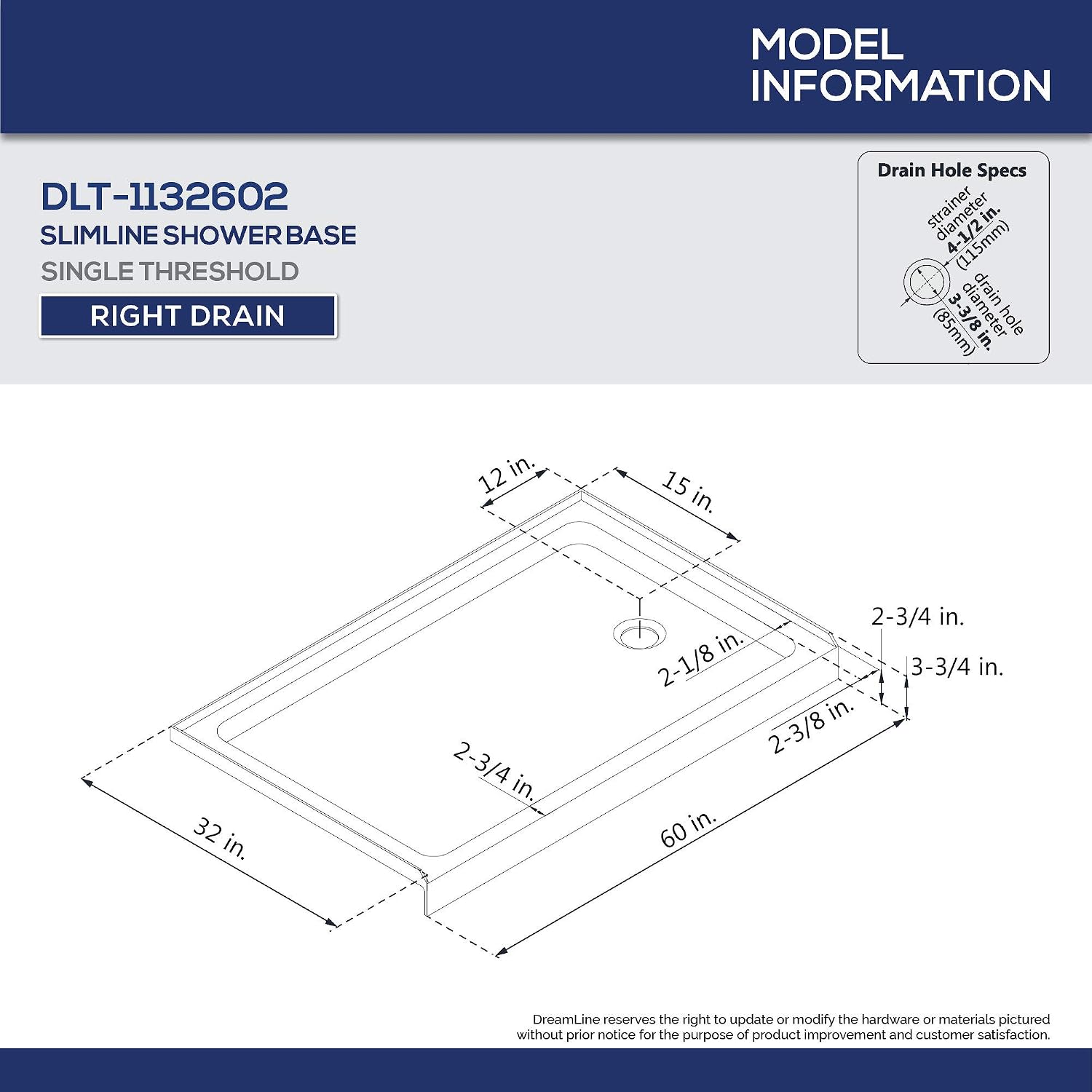 DreamLine Infinity-Z 32 inch D x 60 inch W x 78 3/4 inch H Semi-Frameless Sliding Shower Door in Brushed Nickel and Clear Glass, Right Drain Shower Base, and Wall Kit in White