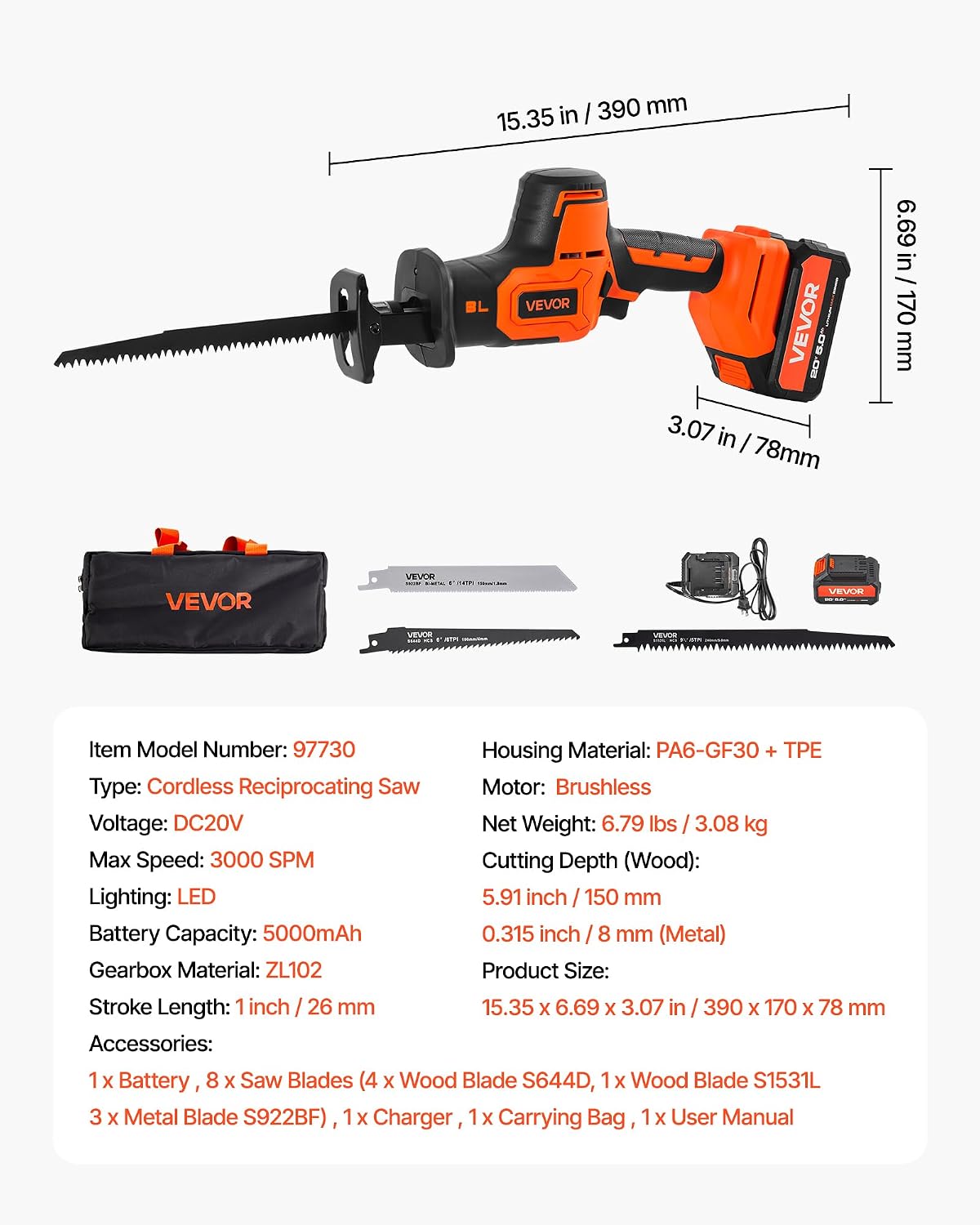 VEVOR Cordless Reciprocating Saw, 20V Brushless Reciprocating Saw with Battery, 3000 SPM Variable Speed, 1' Stroke Length Charger, 8 Blades, and Carrying Bag, for Wood, Metal and Plastic Cutting