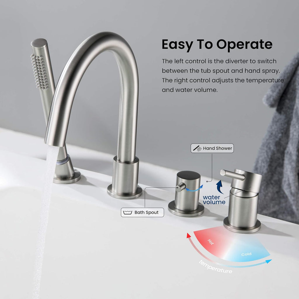 KIBI Circular Single Handle Roman Tub Faucet with Hand Shower | Deck Mounted Bathtub Faucet Set with Diverter | Durable Solid Brass Construction, Smooth Water Flow Control | Brushed Nickel, KTF3101