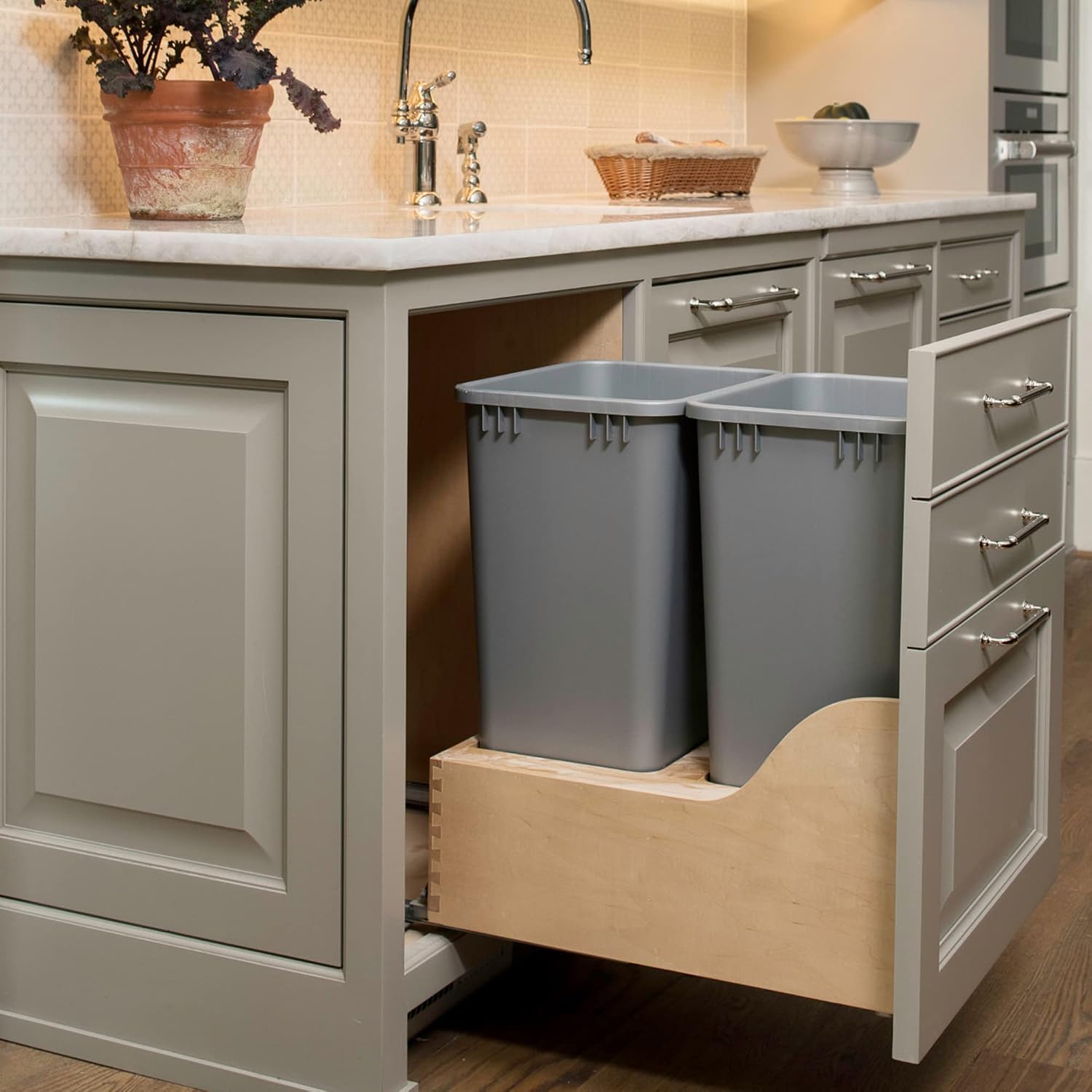 Rev-A-Shelf 50 Qt Bottom Mount Double Pullout Under Cabinet Kitchen Trash Cans w/Soft-Close & 1 Lid for Base Cabinets, Min Opening Width of 18', Silver, 4WCSC-2150DM-2