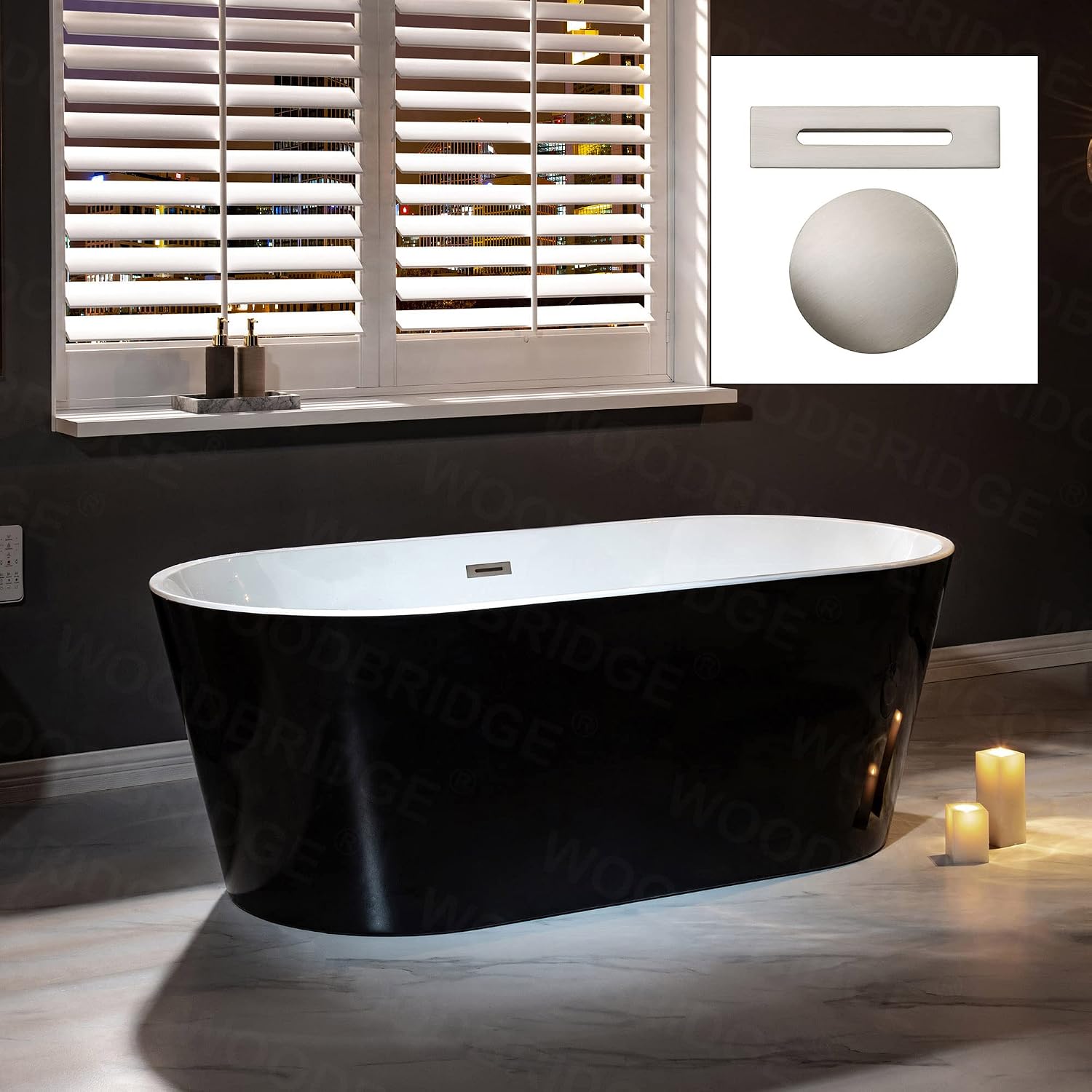 WOODBRIDGE 67' Acrylic Freestanding Bathtub Contemporary Soaking Tub, Black Acrylic(Brushed Nickel Drain/Overflow),BTA1813-BN