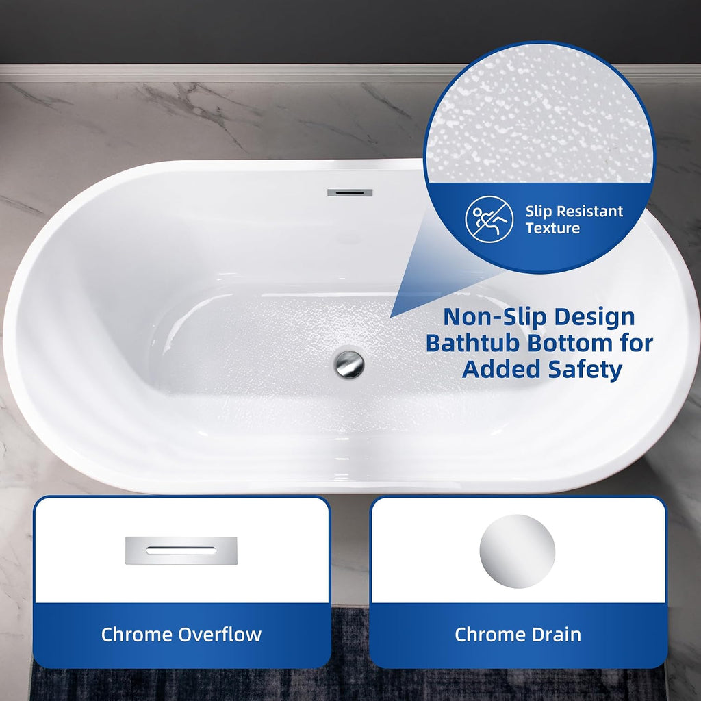 WOODBRIDGE 59' Freestanding White Acylic Soaking Bathtub with Chrome Drain and Overflow, BTA1514-C