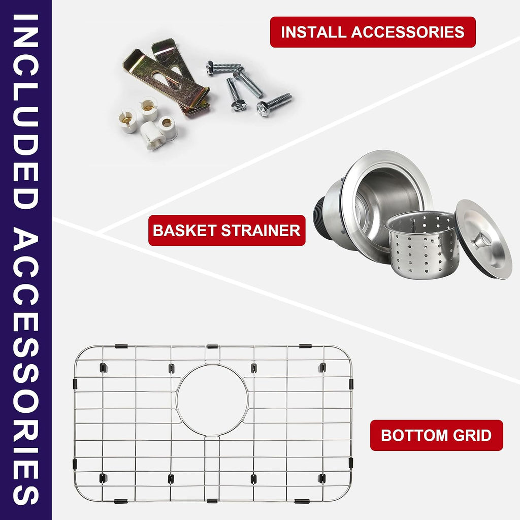 27 Inch Undermount Kitchen Sink 18 Gauge Stainless Steel Single Bowl Curved Shape Round Corner Arc Design Sinks with Basket Strainer and Bottom Grid 27' x 18' x 9'