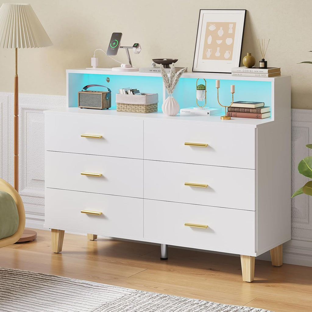 knoworld White 6 Drawer Dresser for Bedroom, Chest of Drawers with LED Light and Power Outlet, Tall Wide Dresser for Organizer Cabinet Bedroom,Living Room,Hallway, Entryway