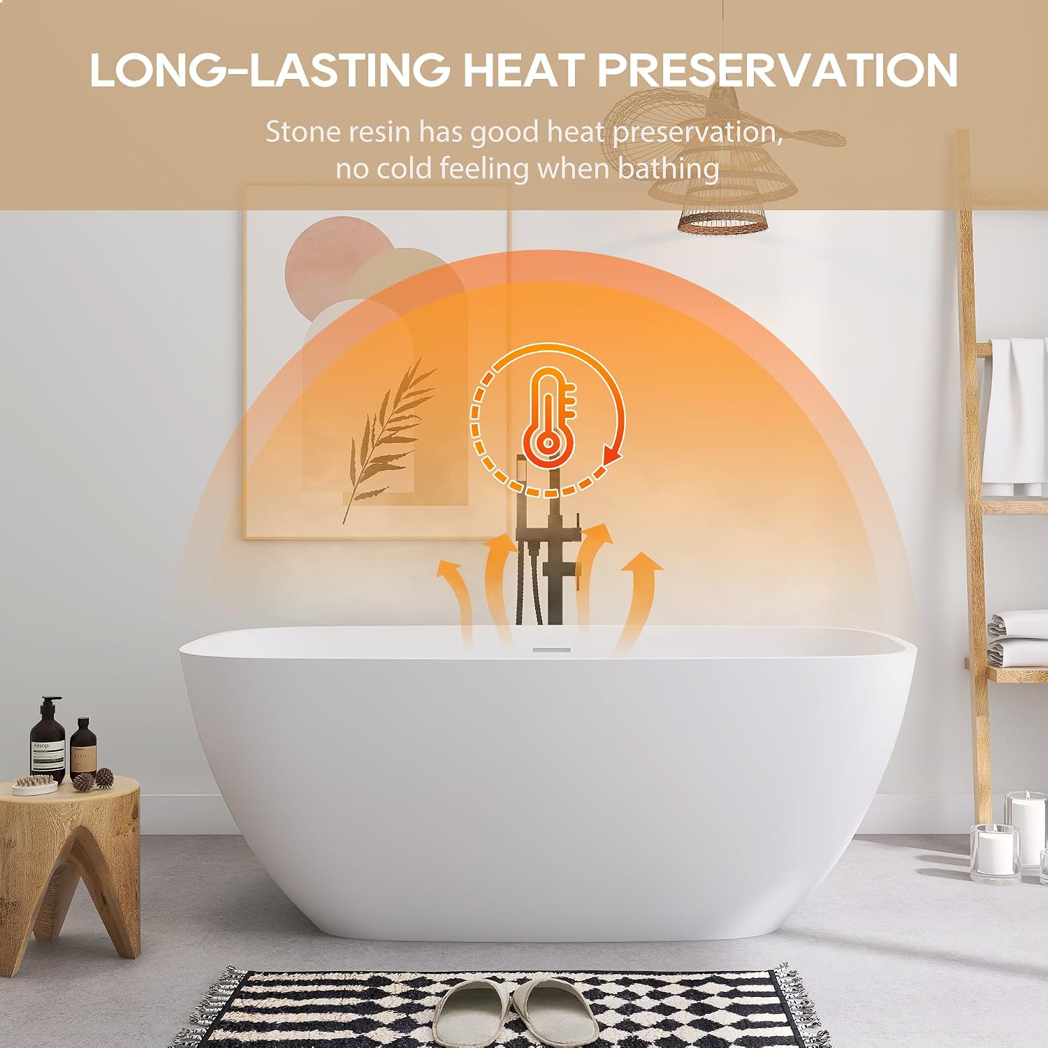 SJ STAR&JANE Solid Surface Freestanding Bathtub, 59' Stone Resin Oval Soaking Tub with Overflow & Pop-up Drain, Modern Stand Alone Tub in Matte White Finish for Bathrooms
